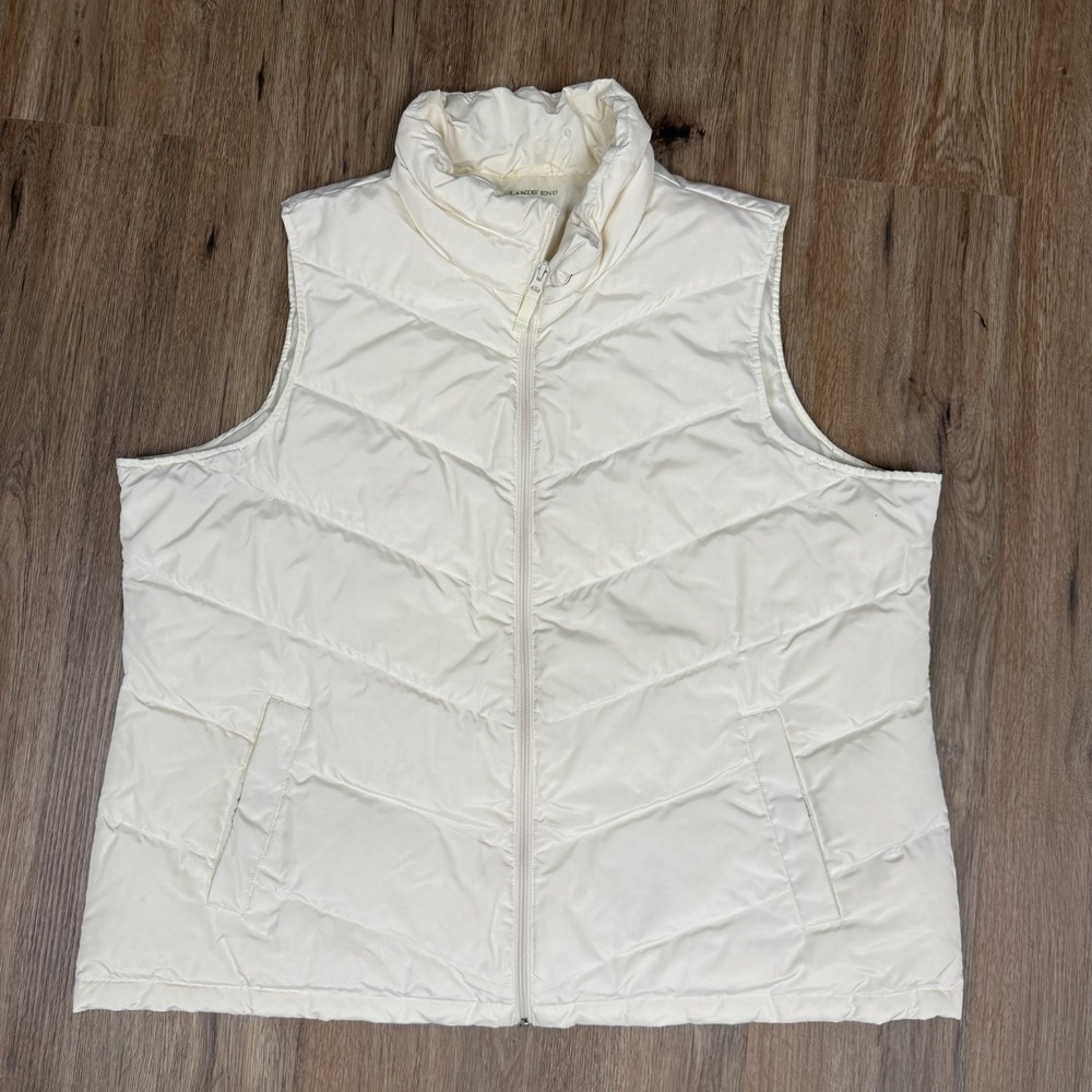 Lands' End Down Puffer Vest Women 2X 20W/22W Cream Softshell Outdoor Winter Zip